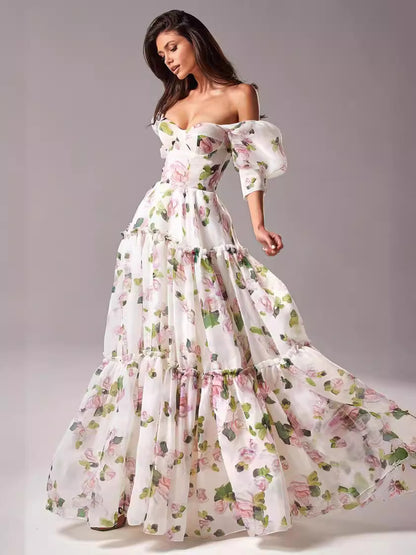 Elegant Off-Shoulder Organza Floral Maxi Dress - Premium Long Evening Gown for Women