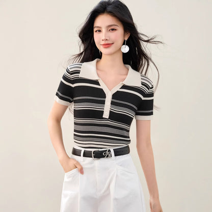 Fashionable Striped Knit Polo Shirt - Slim Fit Casual Summer Top for Women