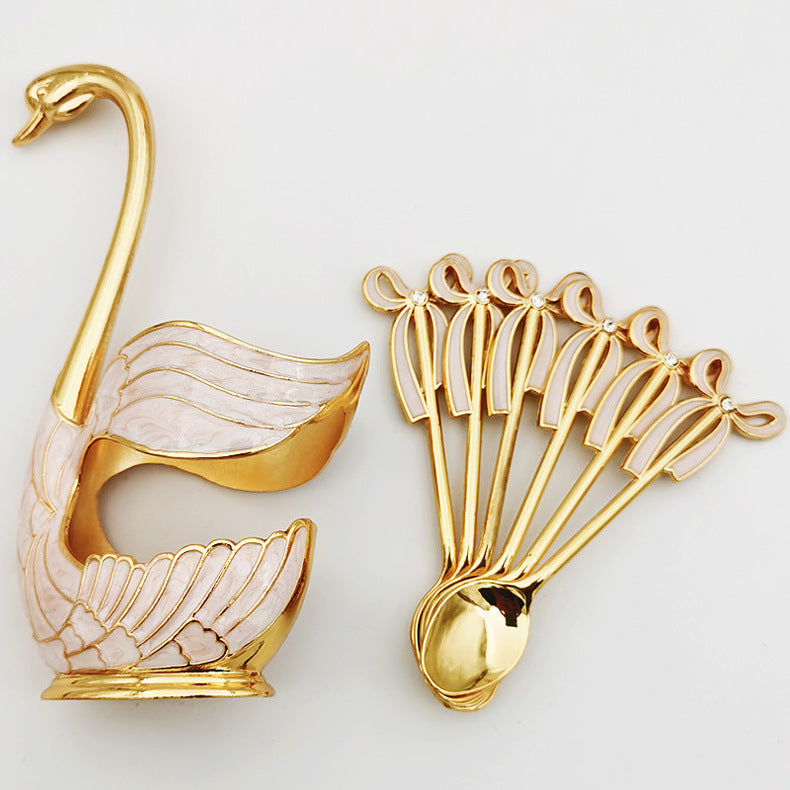 Elegant Swan Holder with Dessert Forks and Coffee Spoons
