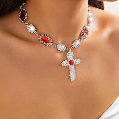 Palace Style Cross Pendant Necklace & Earring Set with Red Gemstones