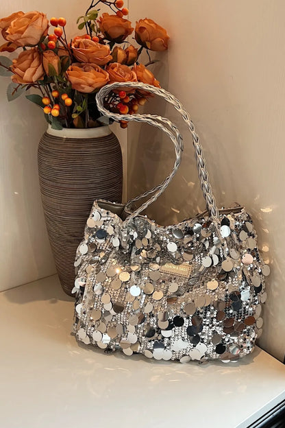 Sparkly Silver Sequin Bag with Braided Shoulder Strap (Hobo Style)