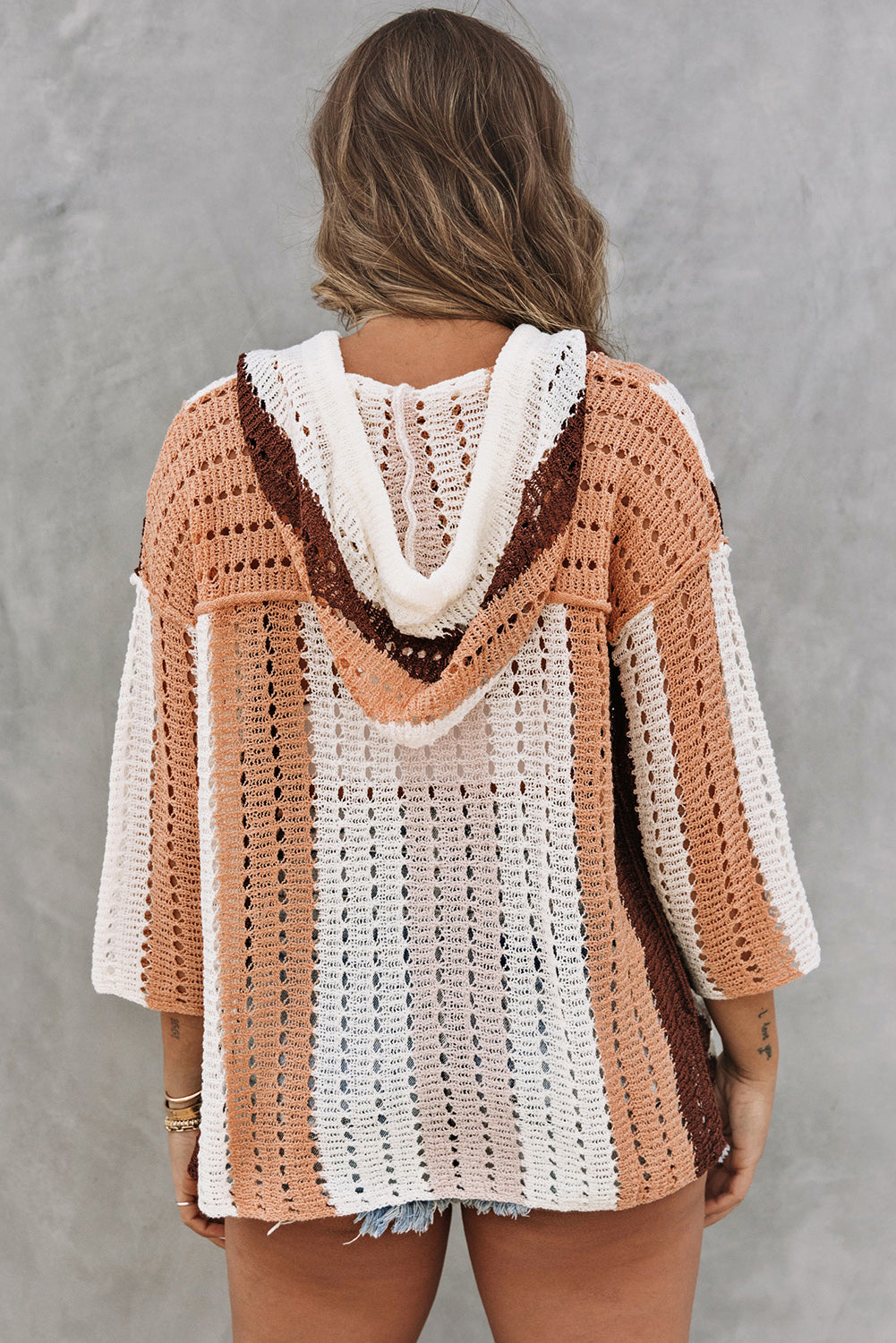 Chic Colorblock Striped Hooded Sweater - Boho Cut Out Knit Pullover