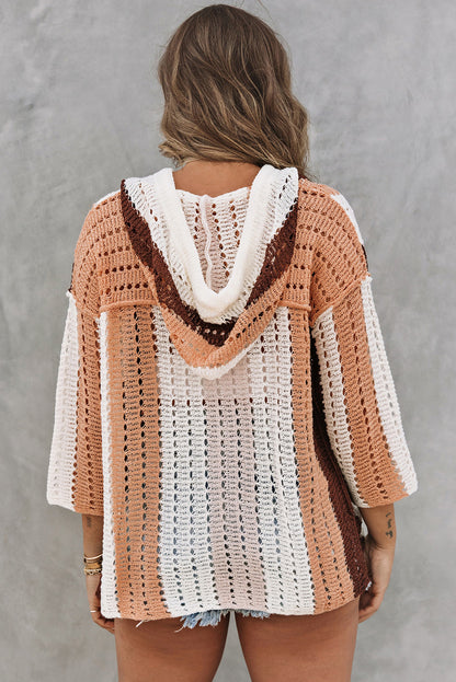 Chic Colorblock Striped Hooded Sweater - Boho Cut Out Knit Pullover