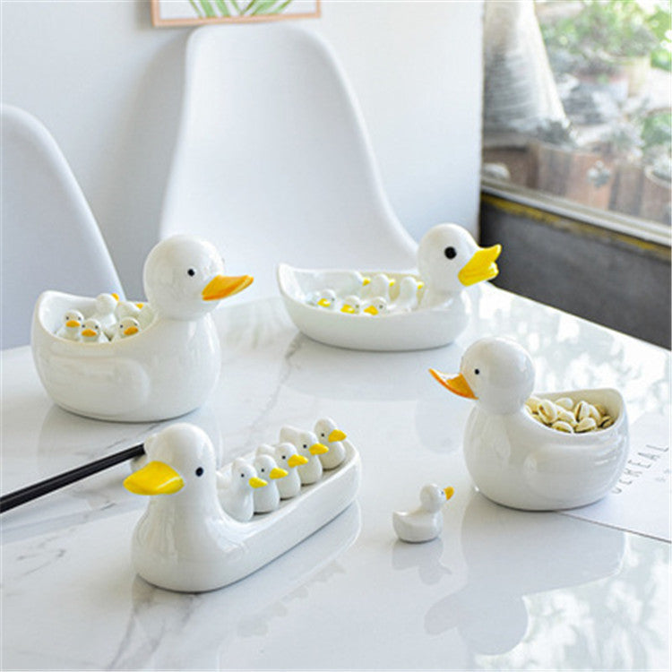 Cute Ceramic Duck Chopstick Holder and Tableware Rest Set