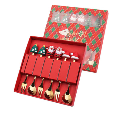 Luxury Christmas Gift Tableware Set - Gold Stainless Steel Coffee Spoon & Dessert Fork with Festive Cartoon Handles (Set of 4)