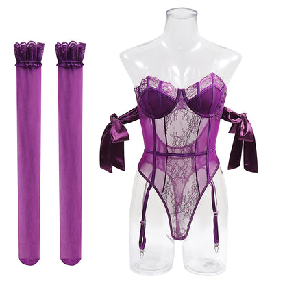 Purple Lace Bodysuit with Garter Straps and Matching Stockings Set