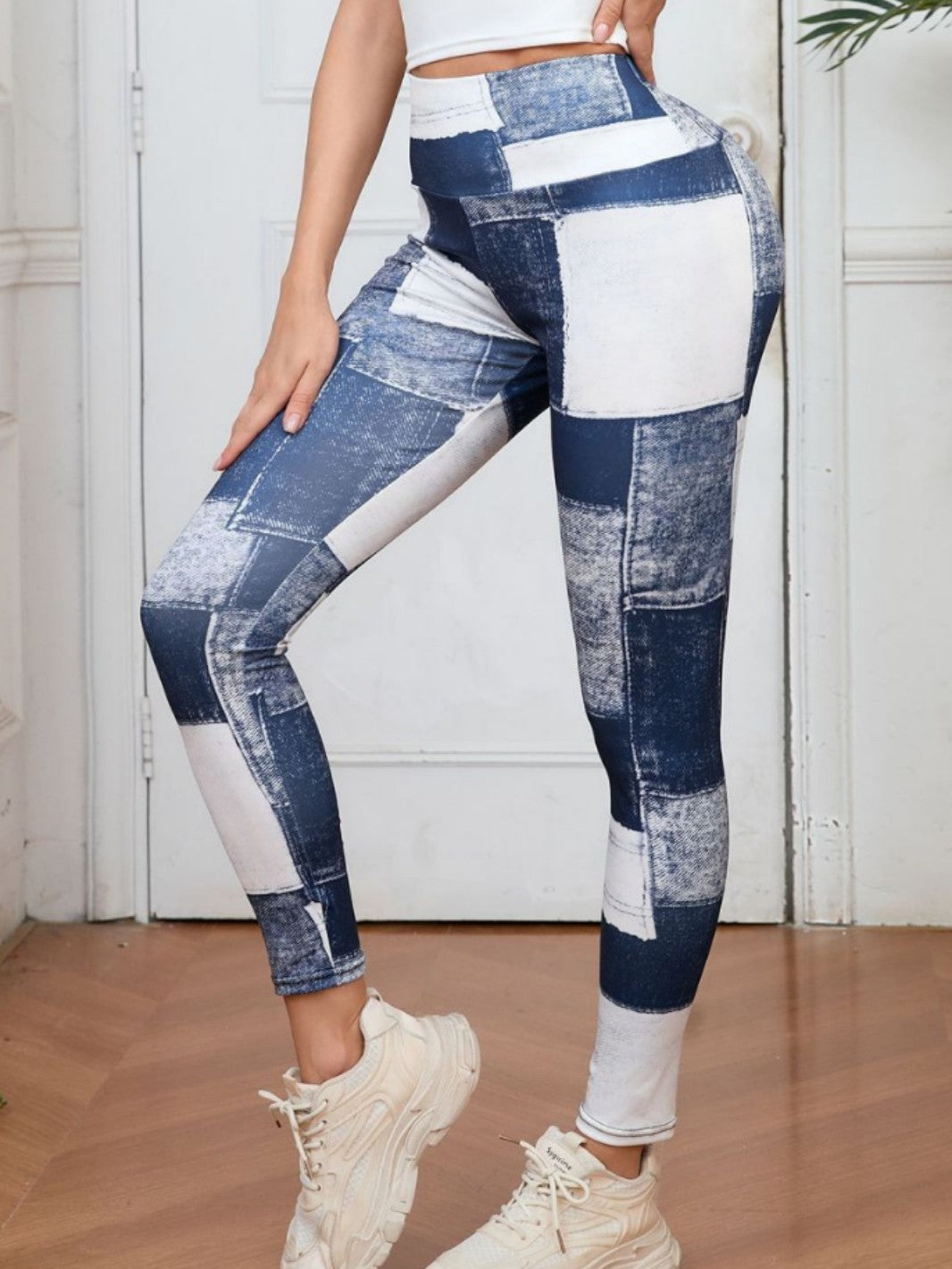 Denim-Like Plaid Patchwork Fitness Pants - High-Waisted Tummy Control Yoga Leggings