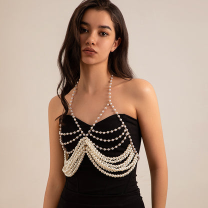 Elegant Tiered Pearl Shoulder & Chest Body Chain - Statement Bikini & Vacation Jewelry
