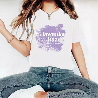 Lavender Haze' Pattern Printed Round Neck Short Sleeved T-Shirt | Graphic Slogan Tee