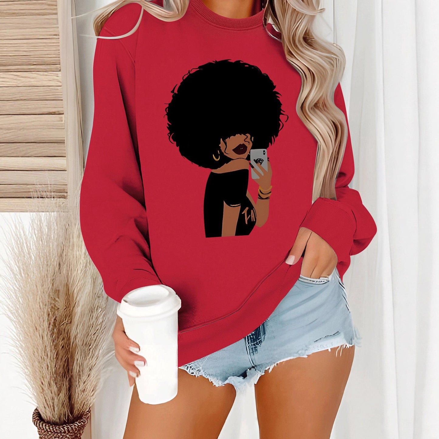 Afro Woman Portrait Print Sweatshirt | Stylish Orange Crewneck Pullover for Women