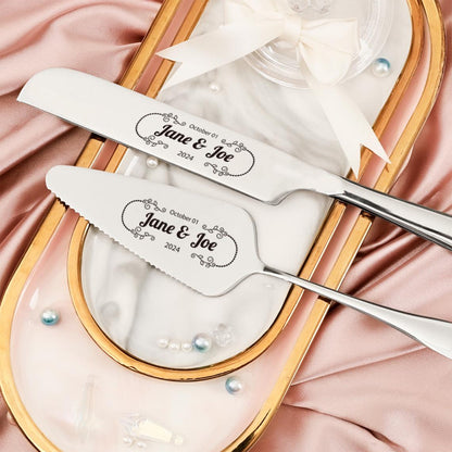 Personalized Custom Stainless Steel Cake Knife & Spatula Set for Weddings & Parties
