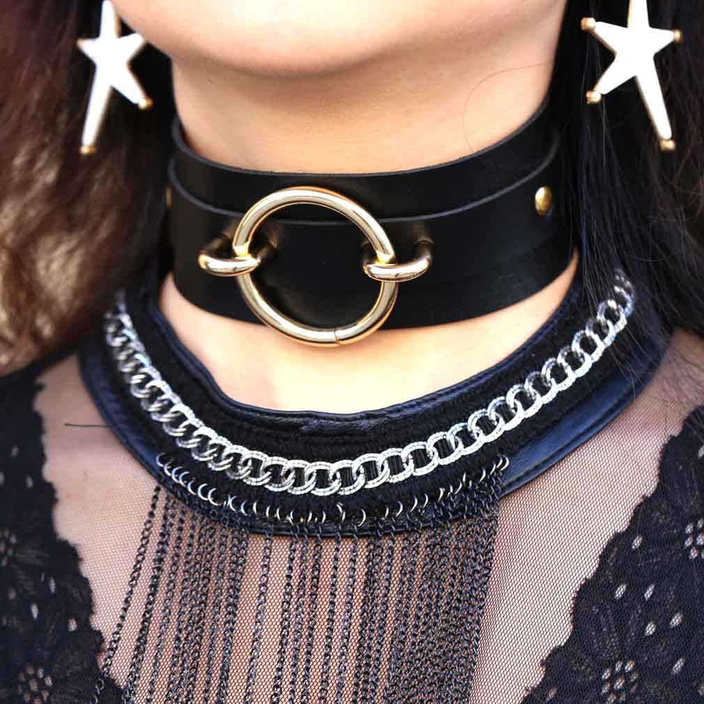 Punk PU Leather Choker Necklace with Oversized O-Ring Pendant | Multi-Color Collar Chain