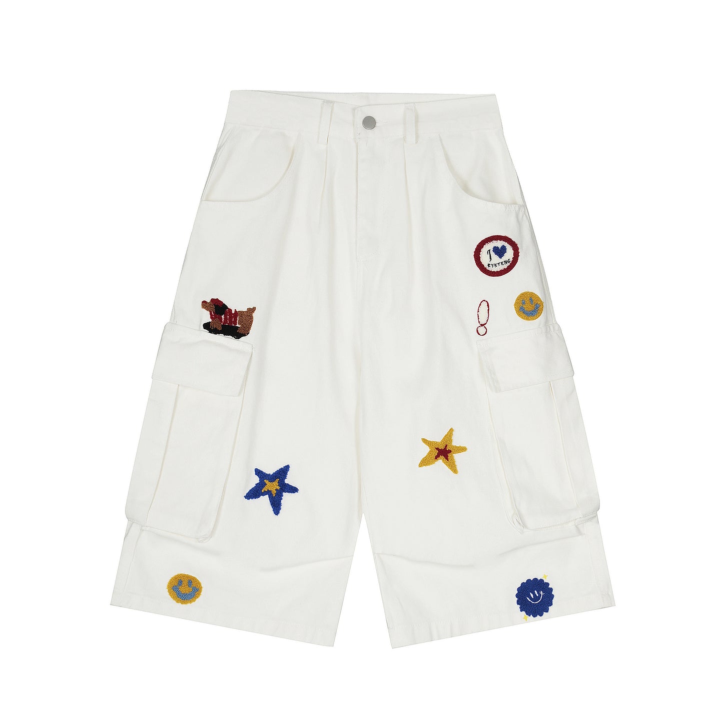 White Patchwork Cargo Denim Shorts - Trendy Multi-Pocket Wide Leg Streetwear Pants