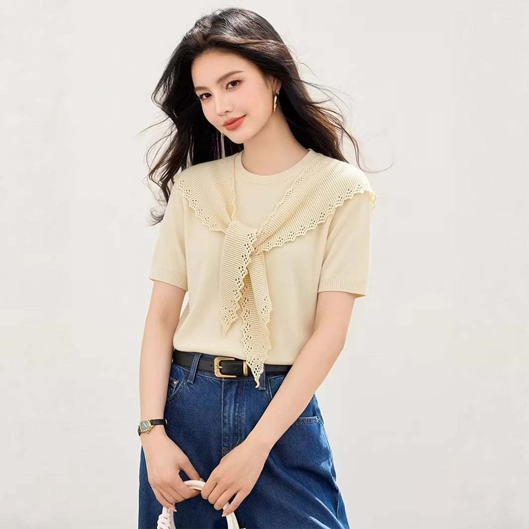 Elegant Ice Silk Short Sleeve Knitted Top - Everyday Casual Wear for Women