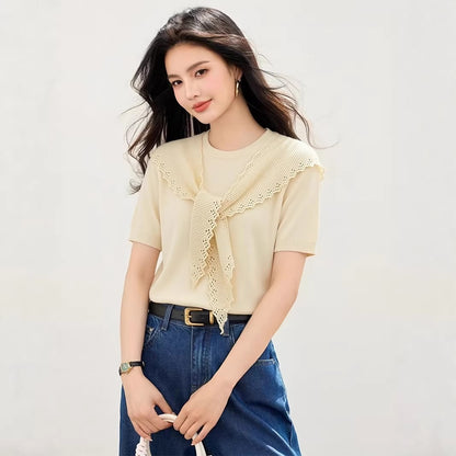 Elegant Ice Silk Short Sleeve Knitted Top - Everyday Casual Wear for Women