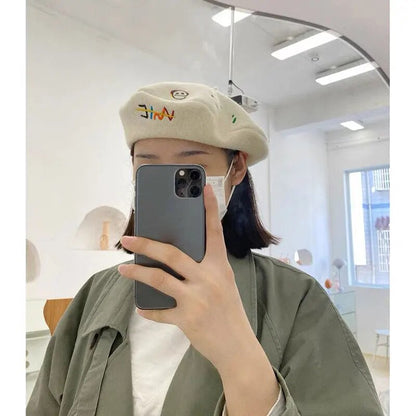 Cute Dinosaur Embroidery Wool Beret - Korean Style Winter Artist Hat for Women & Girls