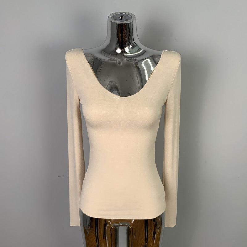 Chic Ribbed Long Sleeve V-Neck Top - Slim Fit Solid Grey Casual Base Layer
