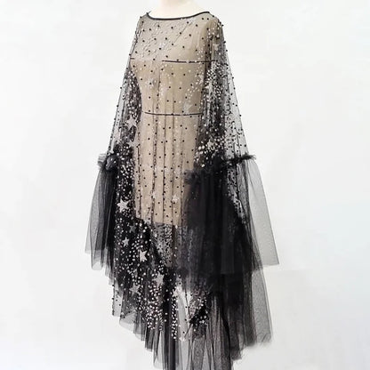 Sparkly Star Mesh Cover-Up Dress - Elegant Flare Sleeve Sheer Party Outfits for Women