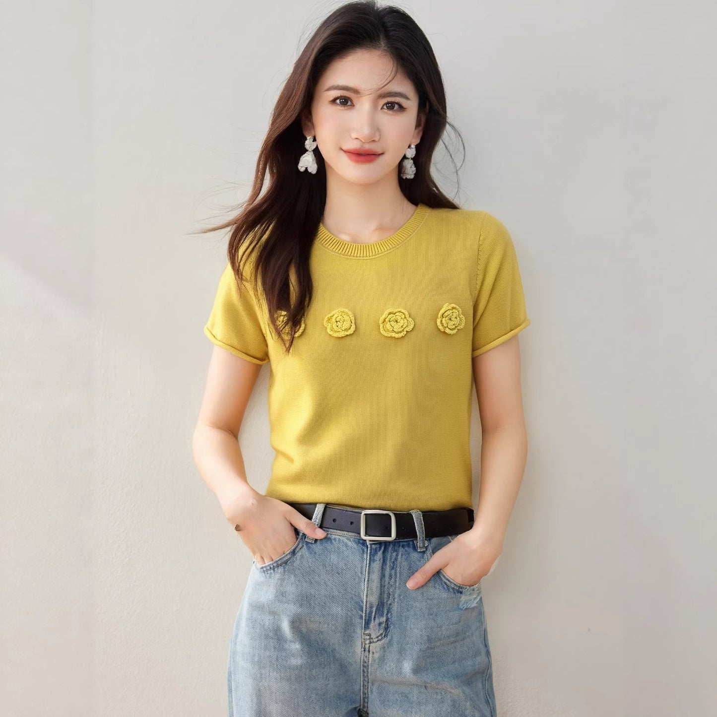 Women's Unique 3D Floral Knit Blouse - Chic Short Sleeve Yellow Top