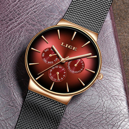 LIGE Men's Luxury Quartz Watch - Slim Mesh Strap Waterproof Business Wristwatch