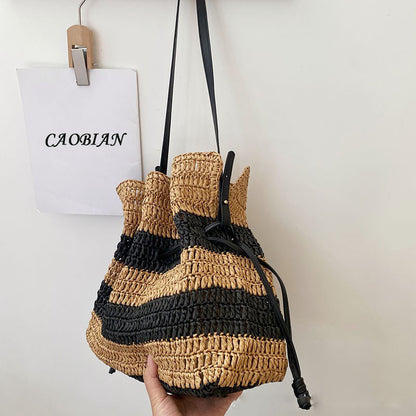 French Style Drawstring Straw Bag with Black Stripes