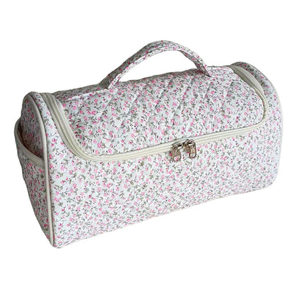 Quilted Floral Makeup Storage Bag - Large Capacity Vintage Cosmetic Travel Case