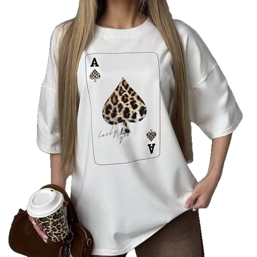 Trendy Loose Round Neck Card Graphic Tee for Women