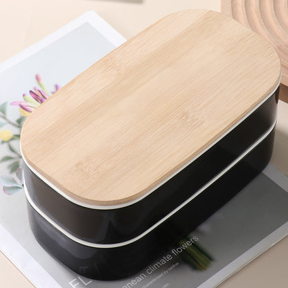 Japanese Style Double-Layer Bento Lunch Box with Natural Bamboo Lid & Portable Cutlery Set (Leak-Proof & Eco-Friendly)