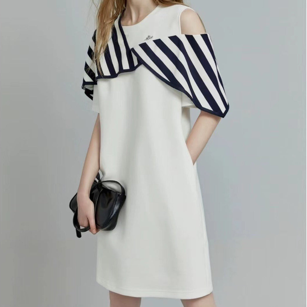 Chic Off-Shoulder Stripe Design White Commuting Dress - Elegant Minimalist Short Sleeve Niche Skirt for Women