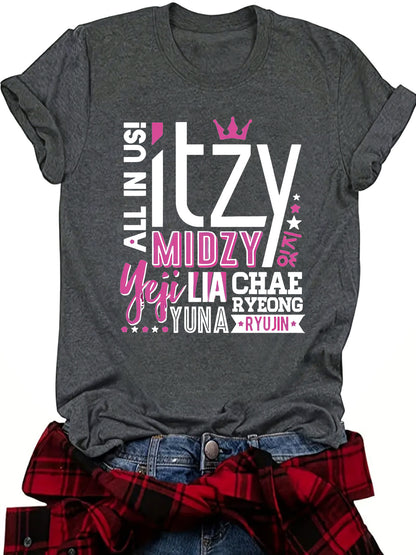 ITZY Slogan Letter Round Neck Short Sleeved Shirt | K-Pop Inspired Graphic T-Shirt