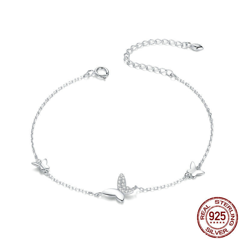 Delicate 925 Silver Link Bracelet with Paved & Solid Butterflies