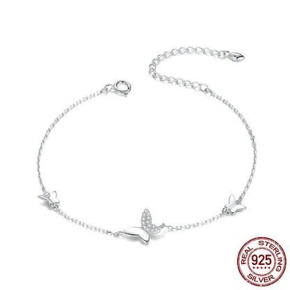 Delicate 925 Silver Link Bracelet with Paved & Solid Butterflies