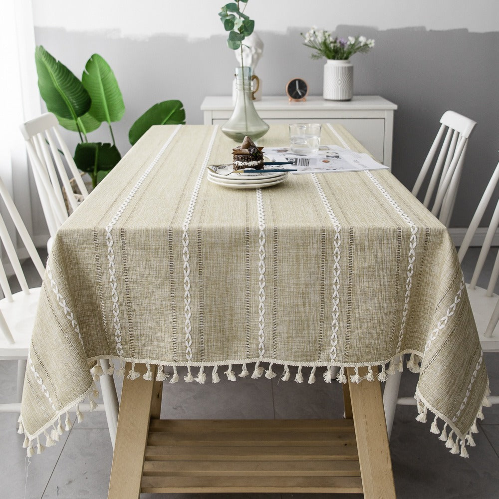 Nordic Jacquard Cotton Linen Tablecloth – Elegant Pink Long Stripe Table Cover with Decorative Tassels
