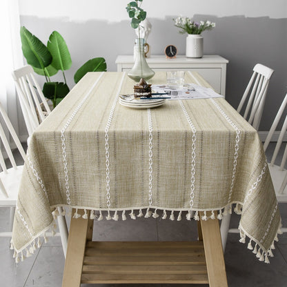 Nordic Jacquard Cotton Linen Tablecloth – Elegant Pink Long Stripe Table Cover with Decorative Tassels