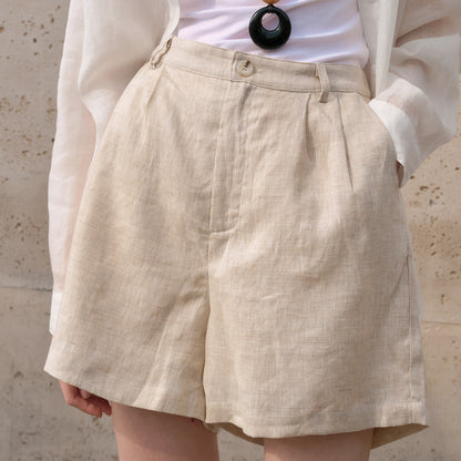 Elegant Pure Linen High-Waisted Shorts - Minimalist Wide-Leg Casual Trousers