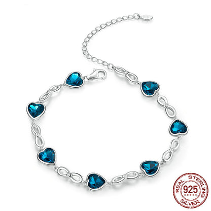 Women's Silver Link Bracelet with Sapphire Blue Hearts & Infinity Symbols