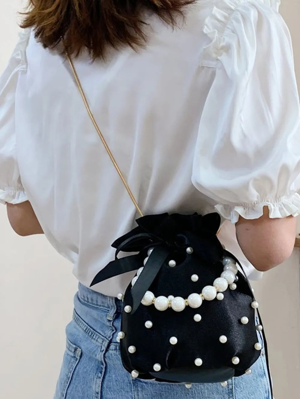 Elegant Pearl Embellished Solid Color Bucket Bag (Drawstring)