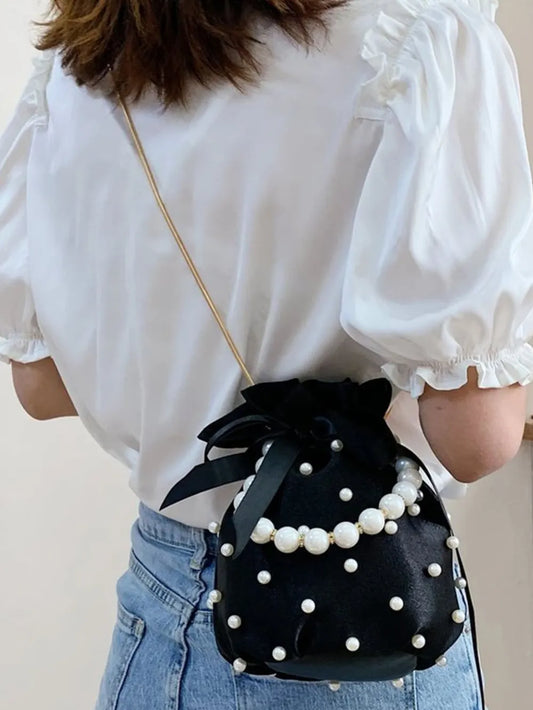 Elegant Pearl Embellished Solid Color Bucket Bag (Drawstring)