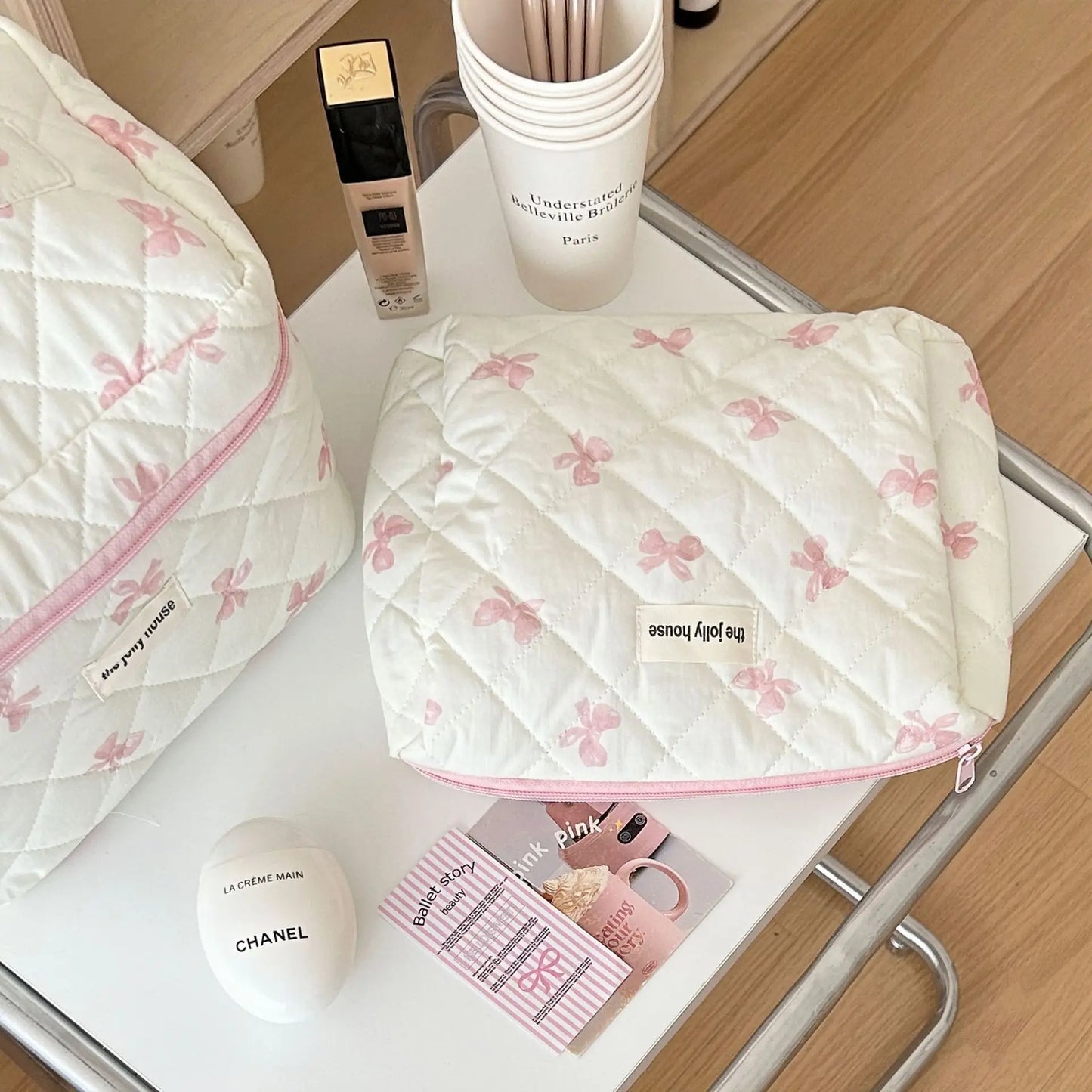 Cute Bow Flower Quilted Cotton Makeup Bag & Toiletry Case Set