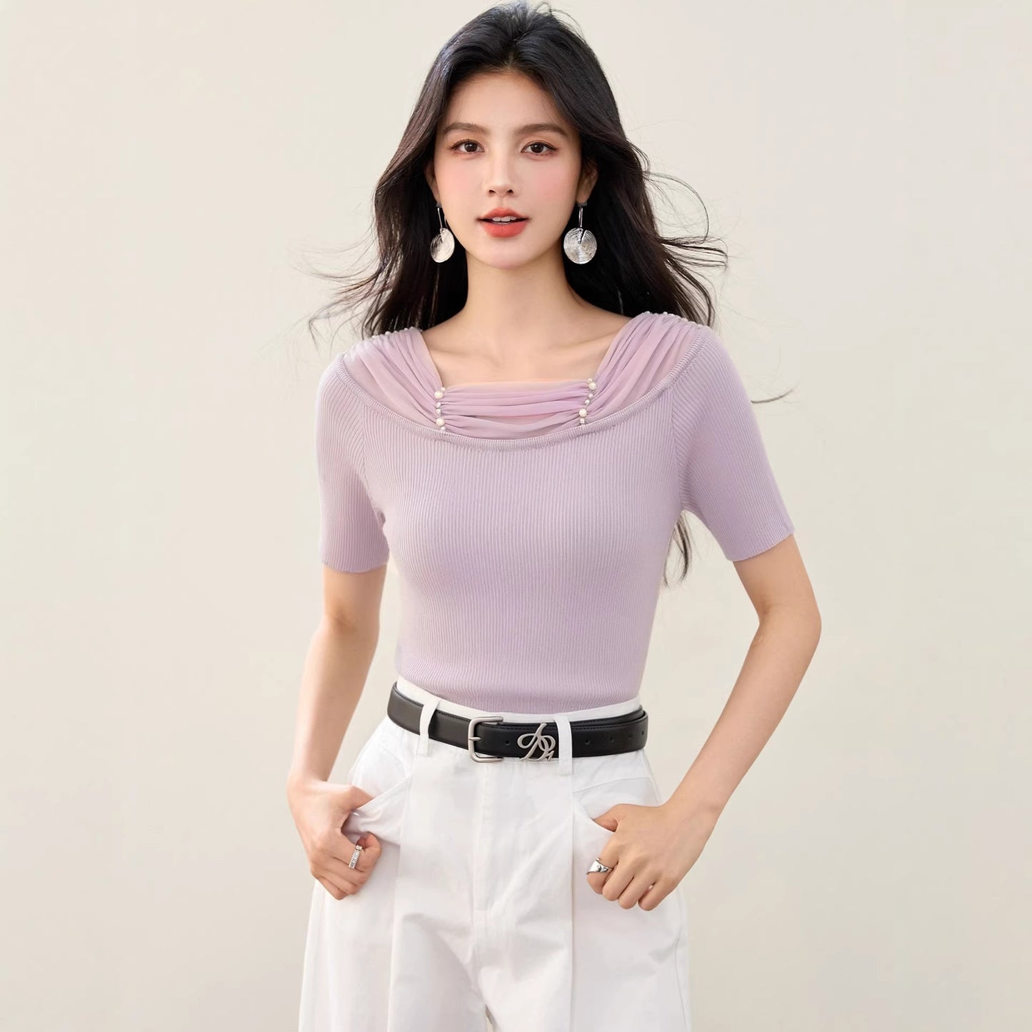 Women's Lace Spliced Off-Shoulder Knit Top - Slim Fit Short Sleeve Blouse