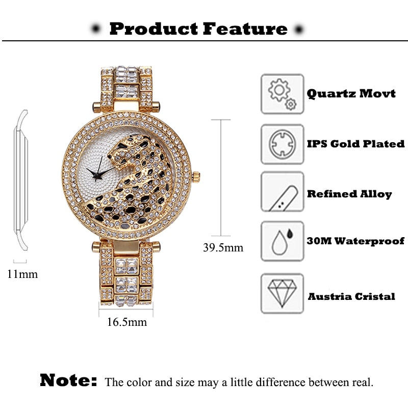 Elegant Bling Quartz Gold Watch - Women's Fashion Leopard Clock