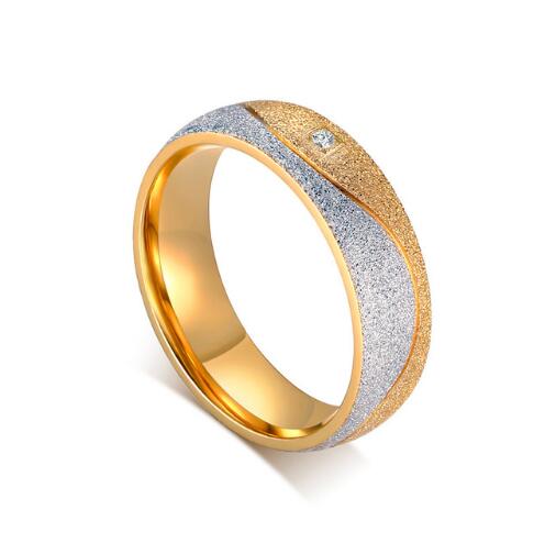 Two-Tone Sand Blasted Couple Ring / Gold & Silver Tone Wedding Band with Small Diamond Accent