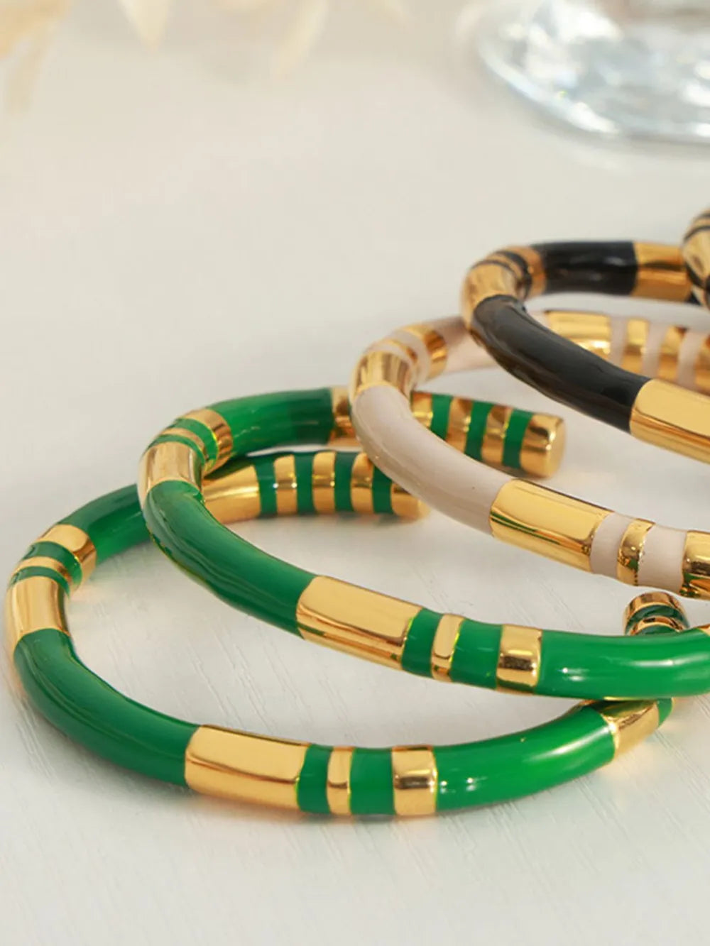 Modern Green Enamel Titanium Steel Cuff Bracelet for Women