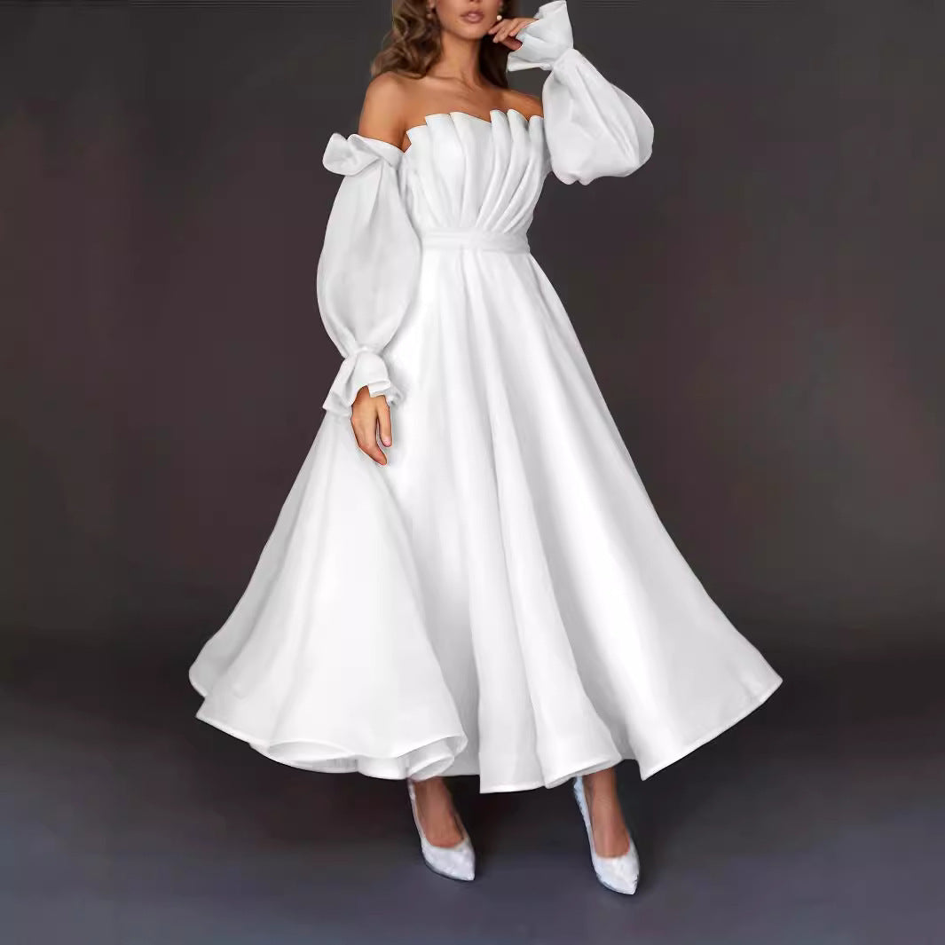 Elegant Off-Shoulder Lantern Sleeve Maxi Dress - Pleated Princess Style Evening Gown for Women