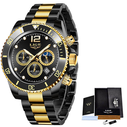 LIGE Luxury Men's Chronograph Quartz Watch - Waterproof Stainless Steel Sports Wristwatch