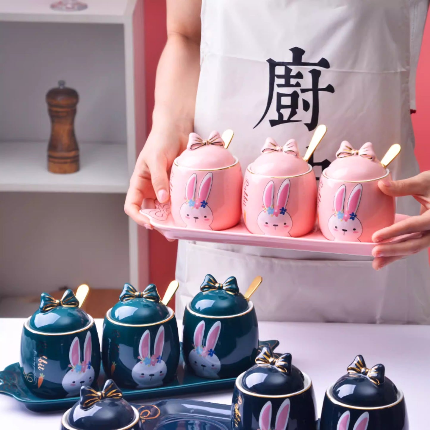 Cute Cartoon Rabbit Ceramic Spice Jar Set - 3 Pieces with Tray