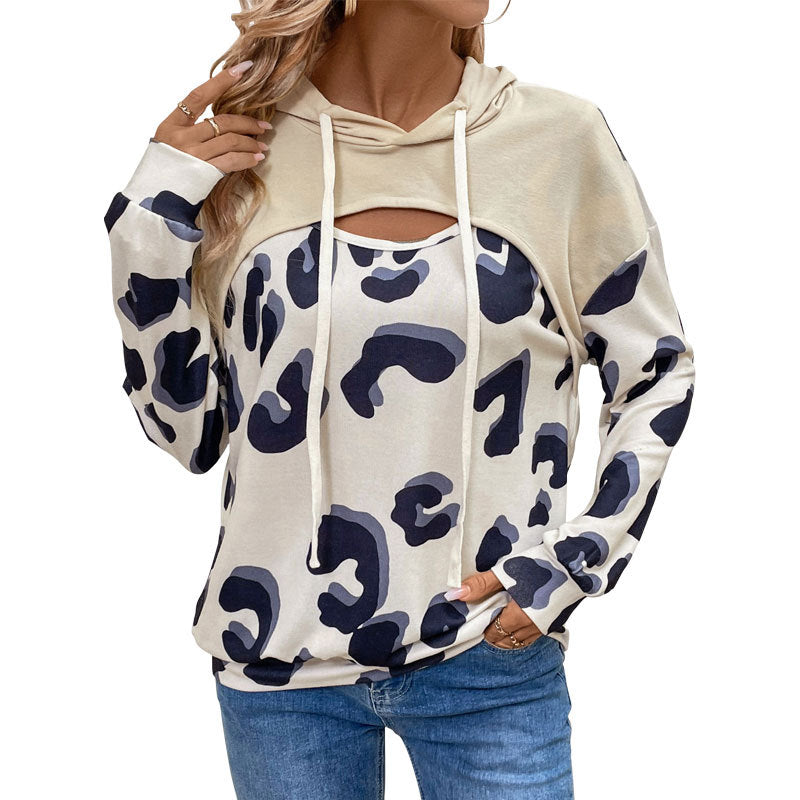 Leopard Print Patchwork Hollowed Out Hooded Sweatshirt | Fake Two-Piece Pullover Top