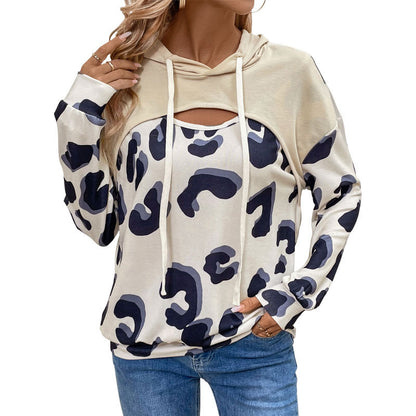 Leopard Print Patchwork Hollowed Out Hooded Sweatshirt | Fake Two-Piece Pullover Top