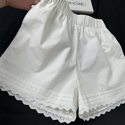 Elegant White Lace Trim Shorts for Women - High Waist Summer Beach Wear