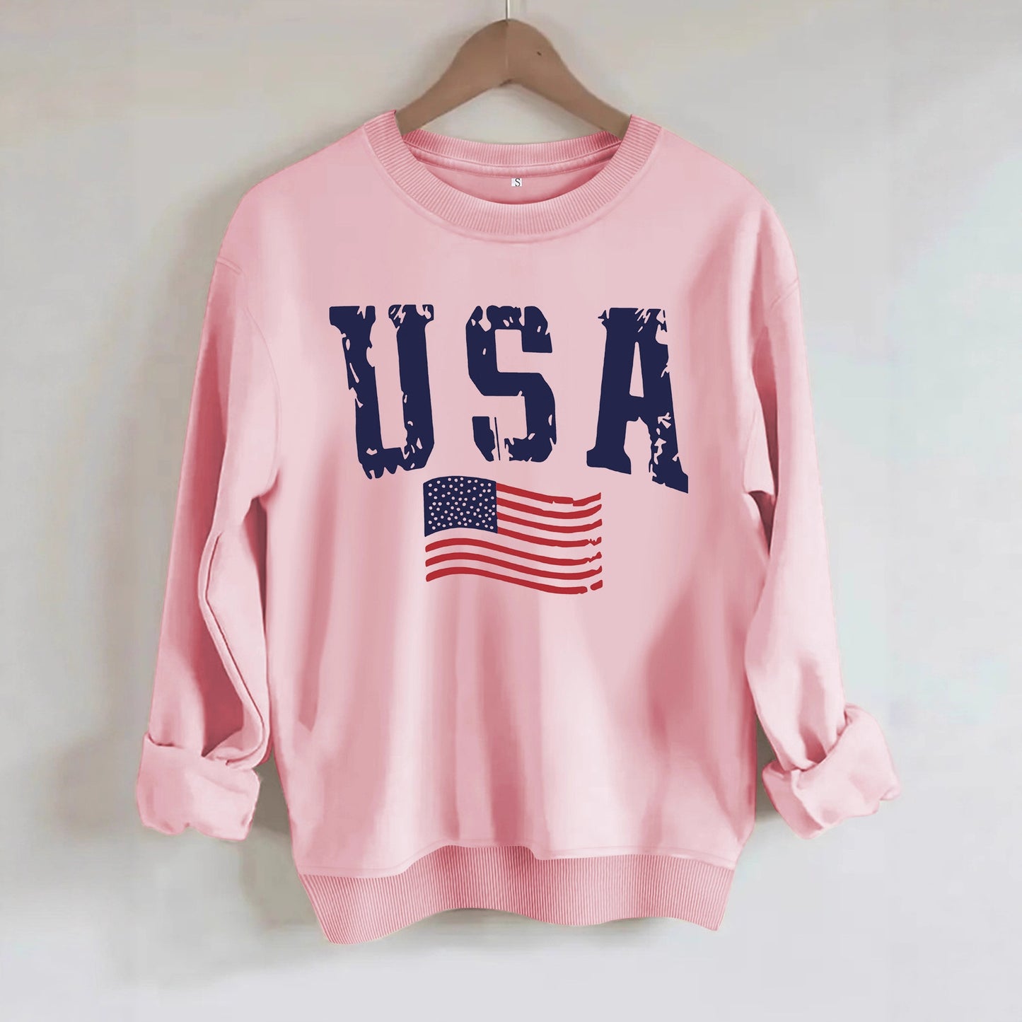 USA Flag Distressed Print Grey Sweatshirt | Unisex Round Neck Sports Pullover
